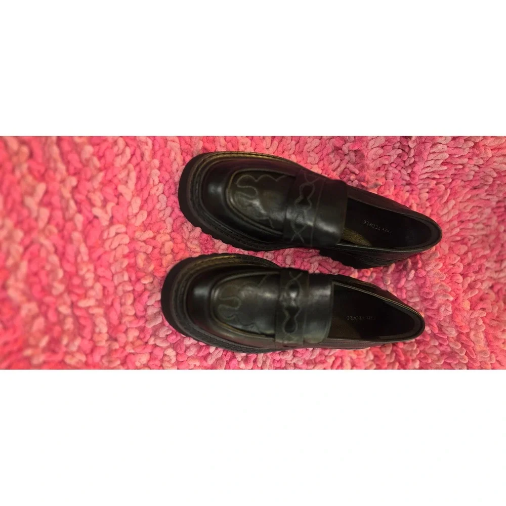 Free People Black Leather Lug Sole Loafers Western Stitching Size 8